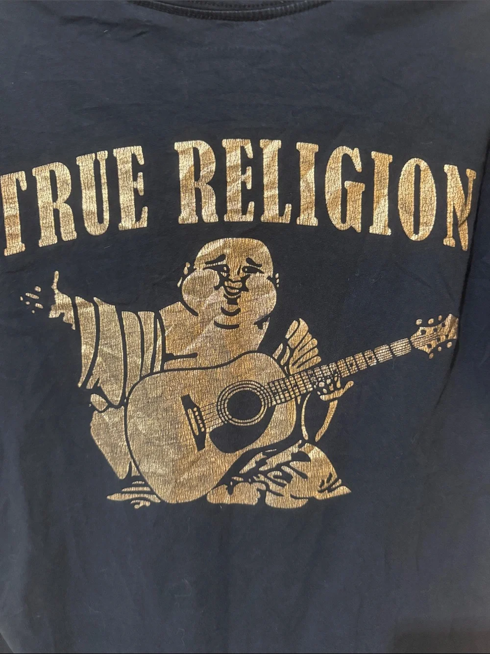 True Religion Black T-Shirt with Gold Graphic Buddha Guitar